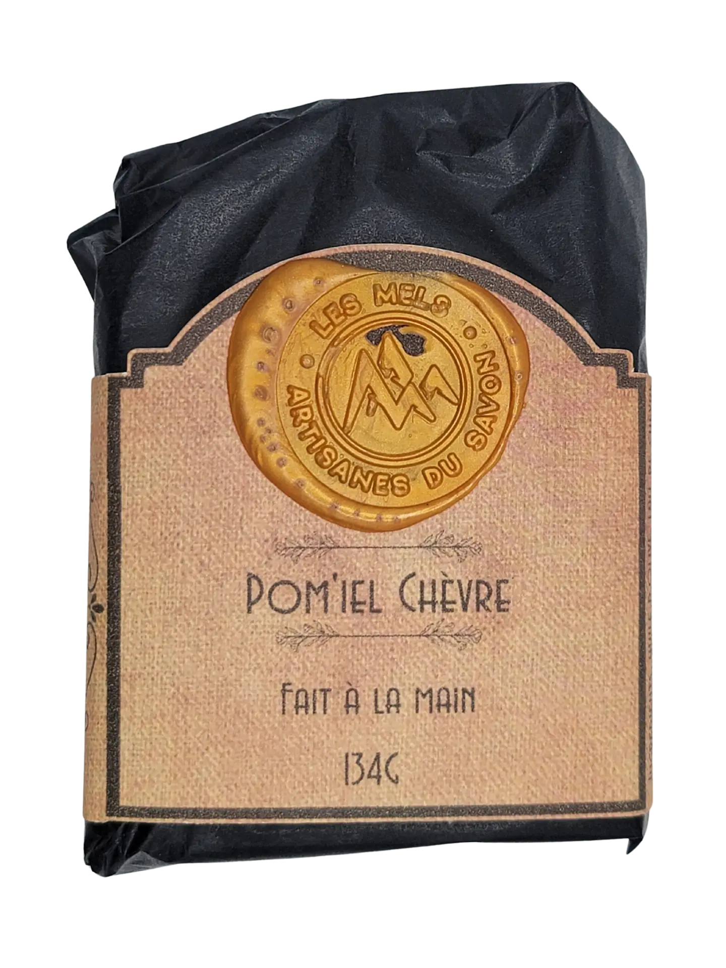 Savon Pom'iel Chèvre de Les Mels, un mélange riche de lait de chèvre et d'huiles naturelles avec un parfum de miel.