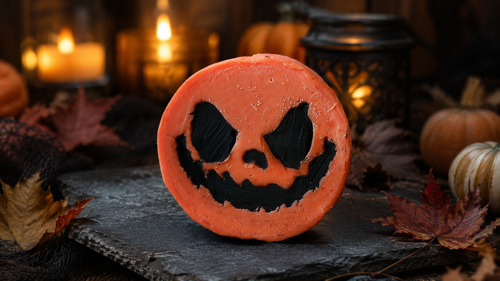 Savon artisanal Les Mels rond et orange, gravé d'un visage de citrouille d'Halloween noir, sur une ardoise entourée de feuilles d'automne et de chandelles
